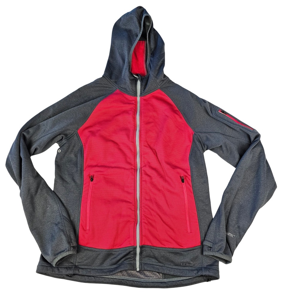 LL Bean Polartec Full Zip Hoodie Women's Gray Pink Technical Grid Fleece Jacket